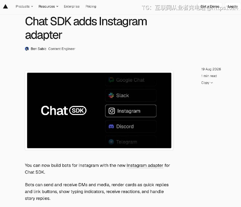 Vercel Chat SDK 直接支持 Instagram 点赞了支持文本和媒体消息、Quick Reply、Link Button、Typing Indicator、Reaction，以及 Story Reply底层走的是 Meta 的 Instagram Messaging API，需要 专业账号 Business 或 Creator，个人号不行@