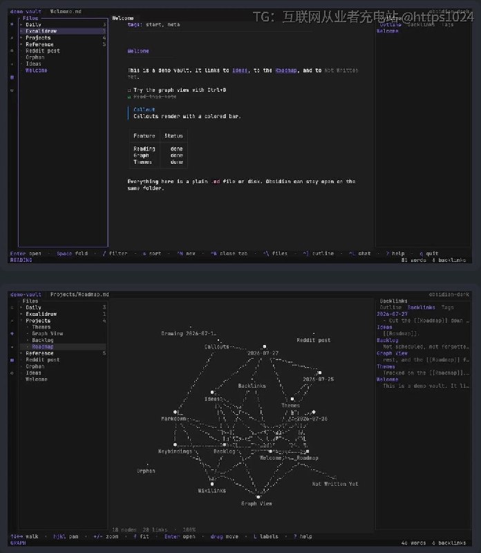 一个用 Rust 写的 Obsidian 终端 UI，在终端里呈现 Obsidian 的三栏布局、实时预览 Markdown、反向链接、力导向关系图和 18 套主
