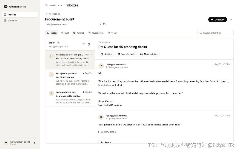 给 AI agent 一个能收发信的真实邮箱，人可以在 dashboard 里看同一份邮件并处理隔离件