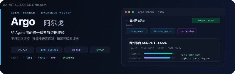 Argo 是给 AI Agent 用的多语言搜索工具，内置 120+ 搜索源、60+ 业务域，中英日韩、学术、代码、金融、新闻、百科都覆盖