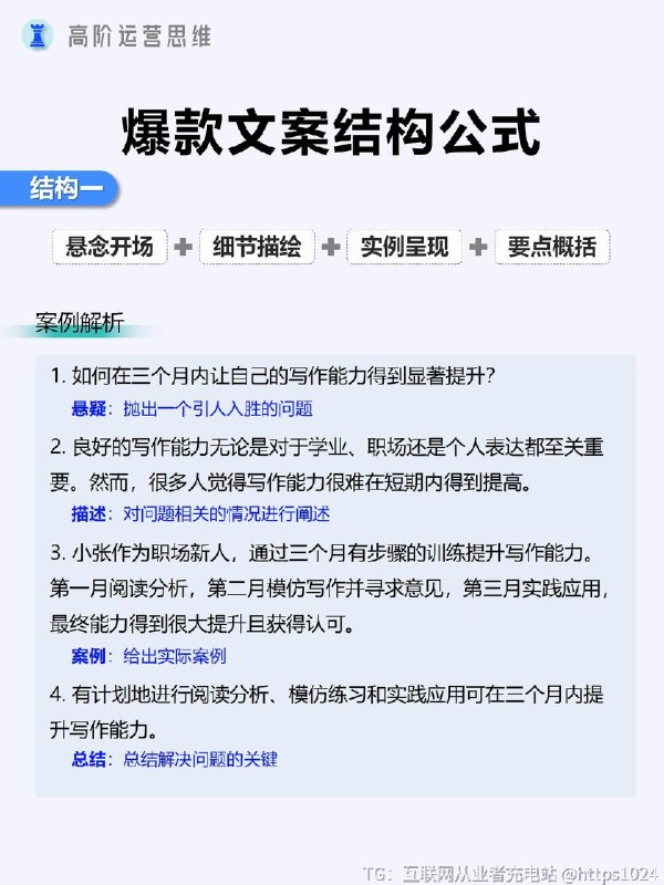 【最实用的万能文案结构公式汇总】✅结构一：悬念开场 + 细节描绘 + 实例呈现 + 要点概括- 通过抛出问开场，详细描述相关情况，给出实际案例，最后总结要点