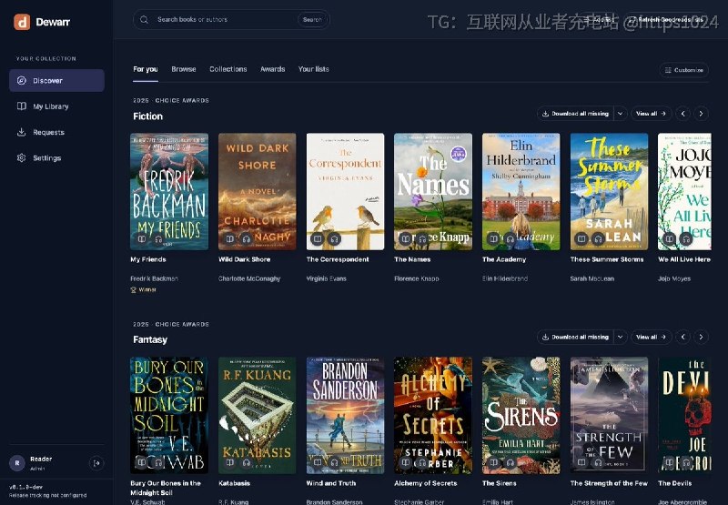 清单同步、搜书、挑版本、入库这四件事本来要在 Goodreads、Hardcover、下载站和 Audiobookshelf 之间来回切Dewarr 把它们搬进一个自托管的 Web 应用，点完就能走完