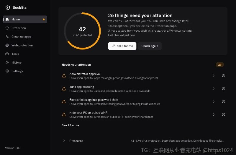 Windows 装完有一堆默认关掉的安全设置，这个工具扫一遍、点一下就把它们打开，顺手把预装垃圾清掉、广告和恶意站点拦掉，改错了还能撤回