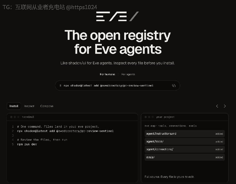 Eve Directory 是一个开放注册中心，用于发现、安装和贡献 Eve 智能体（agent）通过 shadcn CLI 可以把智能体装进项目，也可以直接在网站上翻文件，不用登录就能看