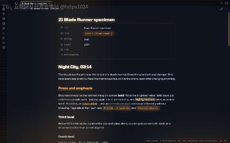 一套 Obsidian 主，把霓虹色和发光限制在标签页、侧栏、callout、状态栏这些界面部件上，让正文保持无彩色、可长时间阅读，深浅两种模式都满足 WCAG AA