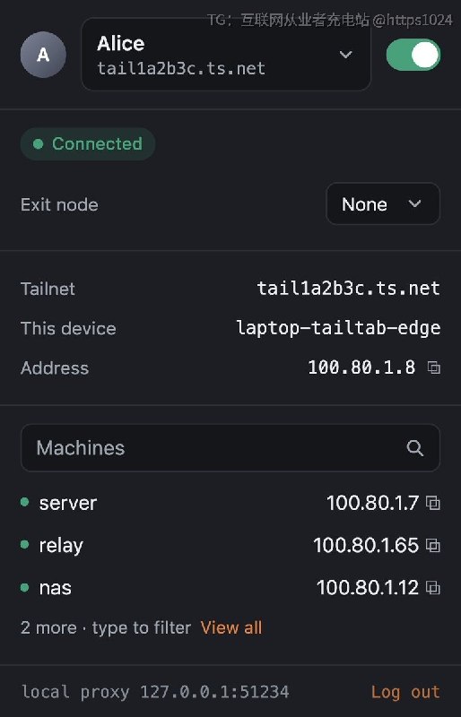 给每个浏览器 profile 配一个独立 Tailscale 节点，不用装系统级 VPN，也不用 root，不同 profile 可以同时挂在不同 tailnet 上，默认只把 tailnet 流量走隧道