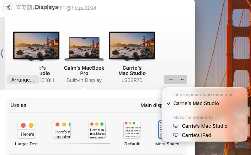 Apple全家桶联动真的是太丝滑了打开这个开关就可以 实现一个触控板、鼠标 跨设备控制开启步骤：1、Displays → Advanced → 把“允许指针和键盘跨设备移动、推过屏幕边缘连接、自动重新连接”这 3 项都打开2、再从 Displays → “+” → Link keyboard and mouse to 选择另一台 设备这样就能让鼠标、触控板和键盘在多台设备之间直接跨屏使用使用前提：设备录同一 Apple ID，并开启双重认证、Wi-Fi、蓝牙和 Handoff，保持设备在附近且关闭互联网共享@
