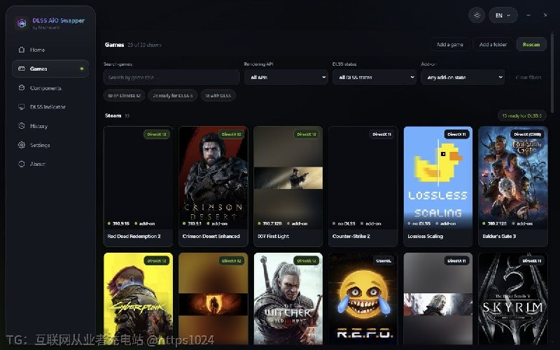换 DLSS DLL、改驱动预设、装 ReShade 插件，本来是一串手工步骤；这个工具把这些操作收进一个 Windows 界面，改前先备份