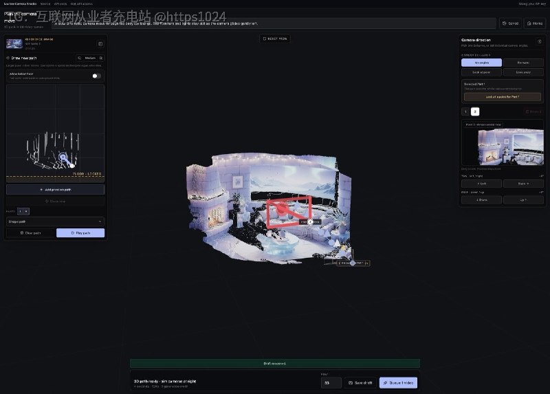 把一张静态图片重建出深度，在 3D 视图里画一条相机路径，再生成一段四秒的镜头运动 MP4