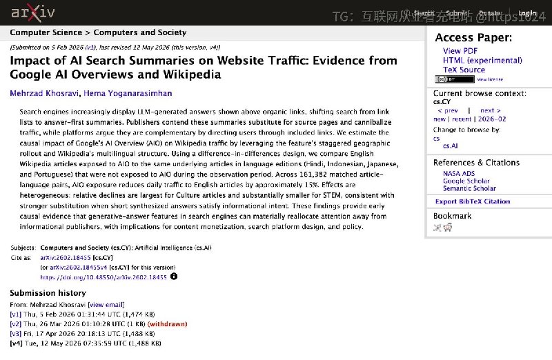 Google搜索推出的这个 AI Overview 出现后英文 Wikipedia 页面日访问量平均下降约 15%网站和SEO还有未来吗@