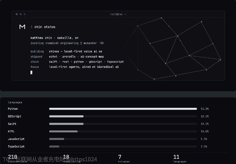这是 Matthew Chin 的 GitHub 个人主页仓库，用来集中摆他做的本地优先 AI 项目、技术栈和近期贡献，本身不是一款能直接跑的工具