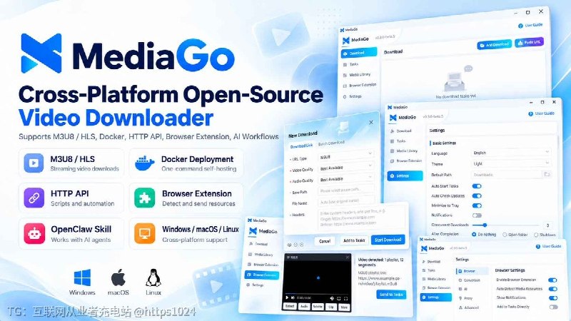 : MediaGo is a cross-platform open-source video downloader for M3U8 / HLS streams. It brings yt-dlp, N_m3u8DL-RE, BBDown, and ar…🔁 转推MediaGo is a cross-platform open-source video downloader for M3U8 / HLS streams. It brings yt-dlp, N_m3u8DL-RE, BBDown, and aria2 into one interface.It runs on Windows, macOS, and Linux, or you can deploy it with Docker on a NAS or server and manage downloads through the Web UI.It also includes an HTTP API and OpenClaw Skill, so tools like Claude Code and Cursor can send tasks directly to MediaGo.Useful if you work with your own M3U8 / HLS media and want something easier than running yt-dlp from the terminal every time.👉@