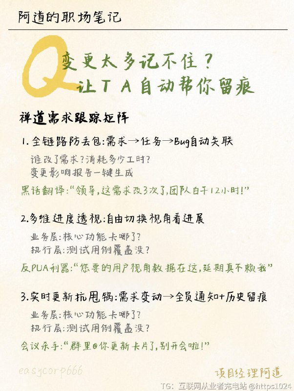 【需求一天改8遍！3招+神器让老板闭嘴👊】🌈ICE需求过滤器[Impact重要性]：能多赚10万？💰[Cost成本]：要团队通宵？🌙[Ease难度]：技术想刀我？🔪➡️ 得分＜60的需求，丢回给老板！🌈止损公式允许修改次数 = 预算 ÷ 你的耐心值 （业内潜规则：≤2次！超了？加钱！）🌈 需求镀金自检表✓ 是用户真要，还是老板幻觉？✓ 禅道池里同款需求还在吃灰？✓ 不做会出问吗？做了会暴富吗？㊙禅道需求跟踪矩阵✓ 全链路防丢包✓ 多维进度透视✓ 实时更新抗甩锅﻿ ﻿ ﻿ ﻿ ﻿ ﻿ ﻿ ﻿ ﻿ ﻿@