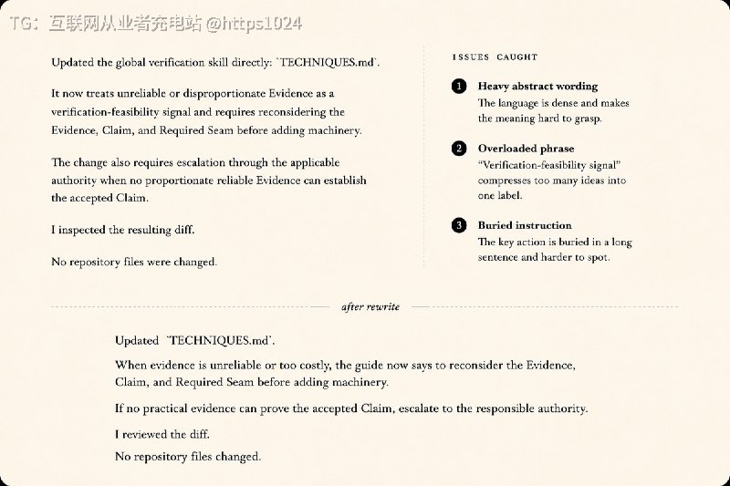 nopus 会检查 Pi、Claude Code、Codex 这类编码助手的回复，一旦发现越过复杂度阈值的抽象表达，就要求重写一次更清楚的版本