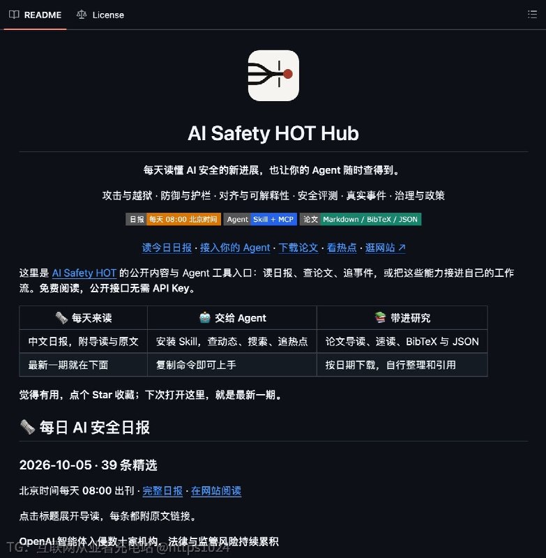手动追 AI 安全论文和事件太分散，这个仓库每天 08:00 出一份中文日报，把攻击、防御、对齐、评测、治理方向的精选动态和论文按日期归档，并提供只读 API、RSS、Skill 和 MCP 接入，让人和 Agent 都能直接查询
