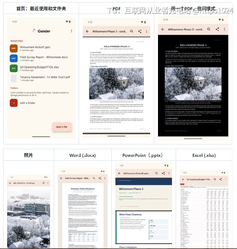 Android 上看文件，Word 装一个、PDF 再装一个，格式一杂就得来回切，烦不烦？Gander 干脆一个 App 全揽了：PDF、Word、Excel、PPT、图片、视频、音频、Markdown，打开都能看