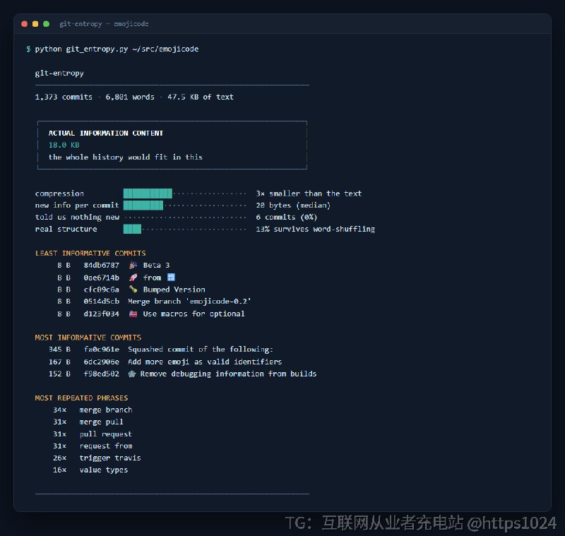 想知道你项目几年的提交记录压成一团到底有多少字节的真实信息？这个脚本量给你看，还带一个大多数人不会做的对照组