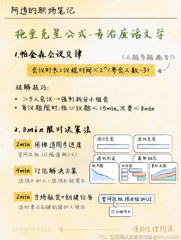 【打工人de控诉💥拖堂会议是新型职场PUA】你经历过这种绝望吗⬇️👉 18:00下班约会，17:50被拖进‘紧急会议’👉 领导一句‘再讲5分钟’→ 硬生生耗到20:30👉 饿到胃痛偷偷啃饼干，还要假装记笔记这哪是开会？分明是新型﻿ ！💸 偷走你的晚餐约会、健身计划、充电时光🧩 把完整工作日切得七零八碎💡 最扎心的是——90%的讨论根本不会落地！收好这份【会议万能公式】&【拖堂克星】照着做，把会议从刑场变茶会🍵散会了吗？没散会的在这里哭会😭﻿ ﻿ ﻿ ﻿ ﻿ ﻿ ﻿ ﻿ ﻿ ﻿@
