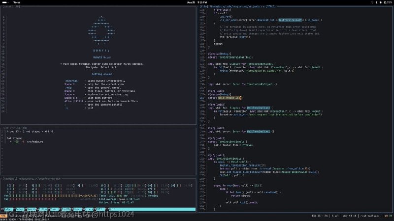 一个终端里的开发工作区,把模态编辑器、文件管理、终端复用、Git 和可分离的持久会全装进同一界面