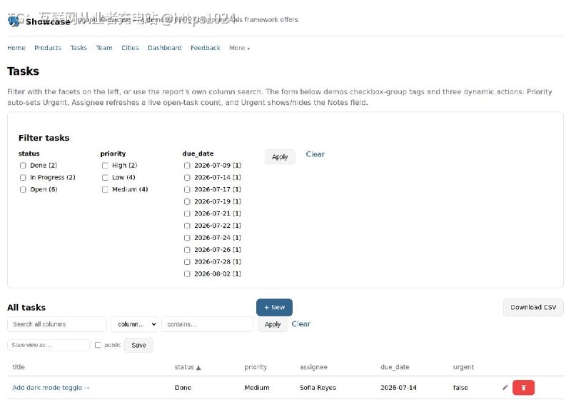 一个 Rust 写的工具，用一个纯文本 .pgapp 文件描述整个应用（实体、页面、报表、表单、图表、认证），一个二进制读取后自动在 Postgres 里建表并生成可交互的 HTML 页面