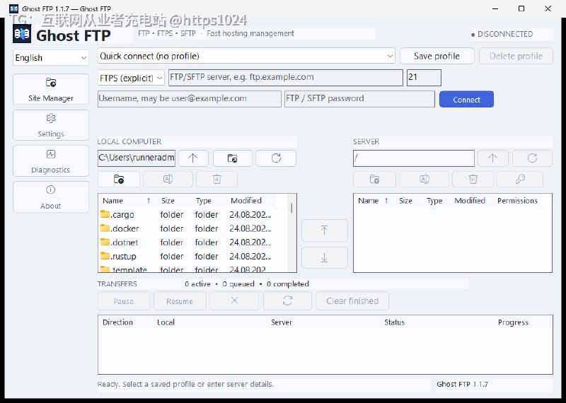 Windows、Linux 上传下载文件的桌面工具，走 FTP、FTPS、SFTP，站点保存、排队传文件、直接改远端文本都在一个窗口里搞定，还把遥测和账号登录砍掉了