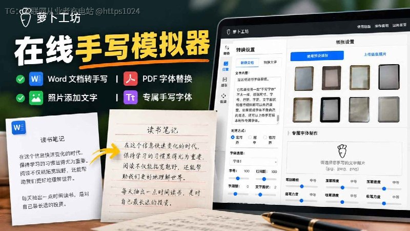 萝卜工坊：一款在线手写模拟工具，在线生成模拟手写文稿可以把 Word 文档转成手写样式 PDF也支持 PDF、照片指定区域处理、纸张和排版调整，还能根据自己的手写样本生成专属字体👉@