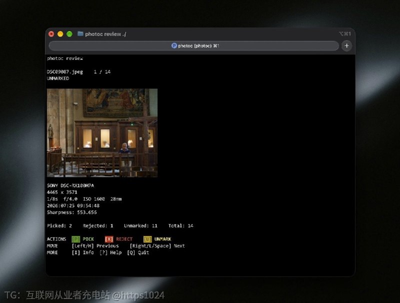 在终端里完成一次拍摄的整理工作，包括汇总、读元数据、挑糊片和重复、改名归类、生成联系表和压缩副本，分享前还能抹掉 GPS
