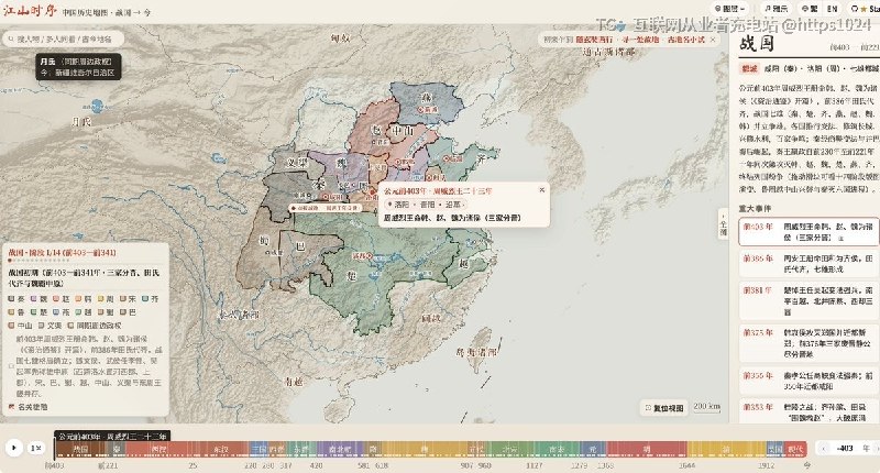 卧槽！有人把中国两千多年的历史，做成了一张可以拖动的动态地图！GitHub 上这个开源项目叫《江山时序》，已经获得 1.9K Star！从战国到现代，覆盖 18 个历史时期、164 张疆域快照