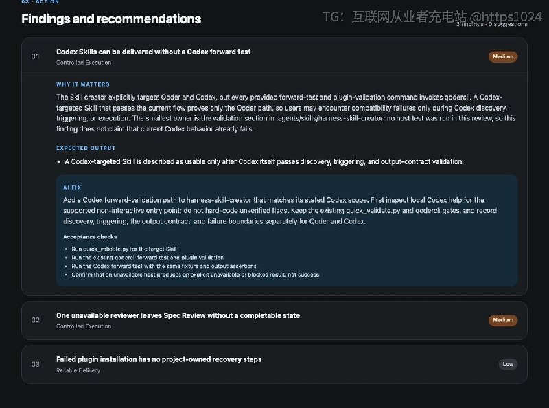 审查 AI 编码工作流的各个环节：目标清楚吗、执行路径可复现吗、变更验证有证据吗、质量把关被跳过了吗、经验和教训沉淀下来了吗？每项发现都绑着证据，不空谈打分