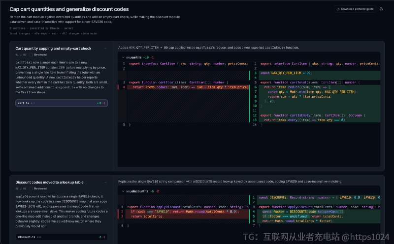 把一份 diff 拆成有章节的阅读顺序，逐章讲清楚每组文件改了什么、为什么改，最后产出一个用浏览器就能直接打开的单文件 HTML 评审页