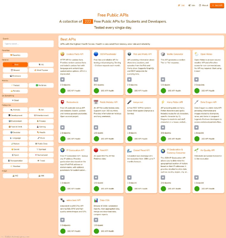 今天HackerNews 上一个比较火的资源：Free Public APIs