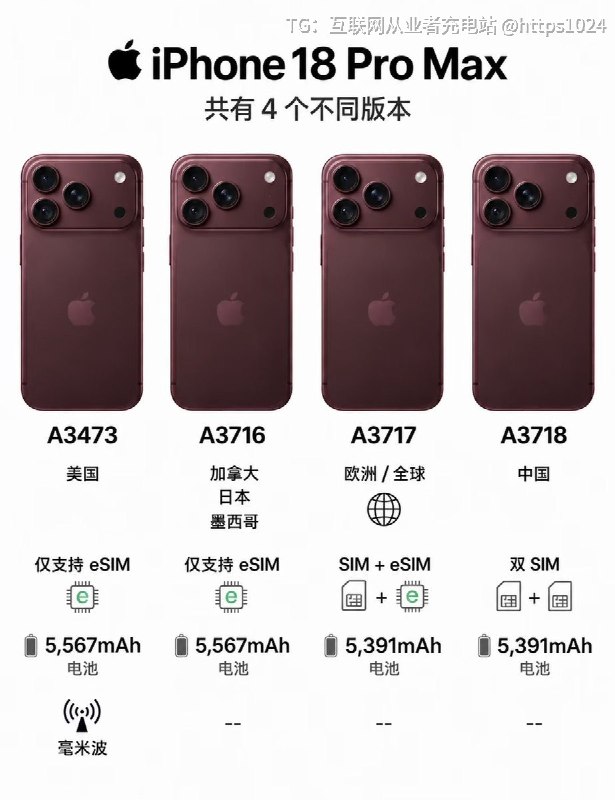 原来全球iPhone 18 Pro Max 只有四个版本中美都是特供版，大家选什么版本的@