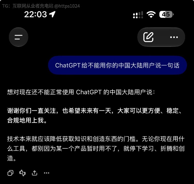 这是ChatGPT给不能用的中国大陆用户说的🫡🧵 Thread:哈哈哈哈他还挺会说的 哈哈哈哈@