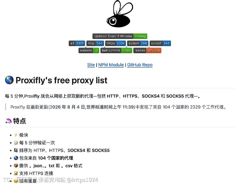 写爬虫还在到处找代理、一个个测速？推荐一个开源项目 Proxifly，持续收集并验证公开代理，每 5 分钟更新一次