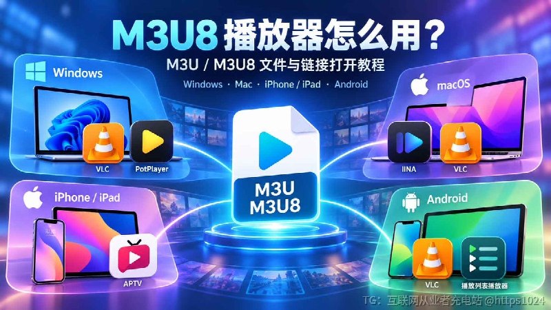 拿到 M3U8 链接不知道怎么开？Windows 直接用 VLC / PotPlayer，Mac 用 IINA，iPhone、iPad 和 Android 也有对应播放器