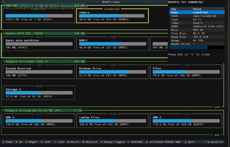 为 Linux 提供交互式磁盘分区浏览与挂载管理的终端界面工具