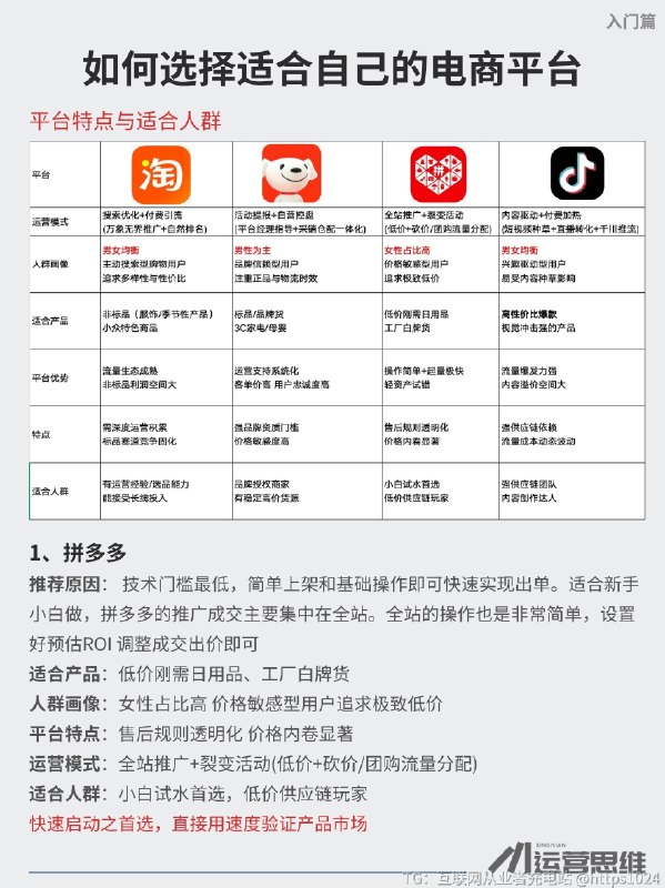 国内几大电商平台的区别与选择 对于毫无经验的新手，​拼多多​（出单最快、操作易）和小红薯（图文带货、垂直领域易获客）是上手首选