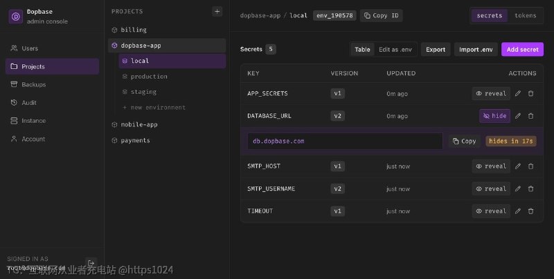 多人多环境下 .env 文件存密钥难管，Dopbase 用一个自托管单文件二进制提供加密存储、权限、历史和审计