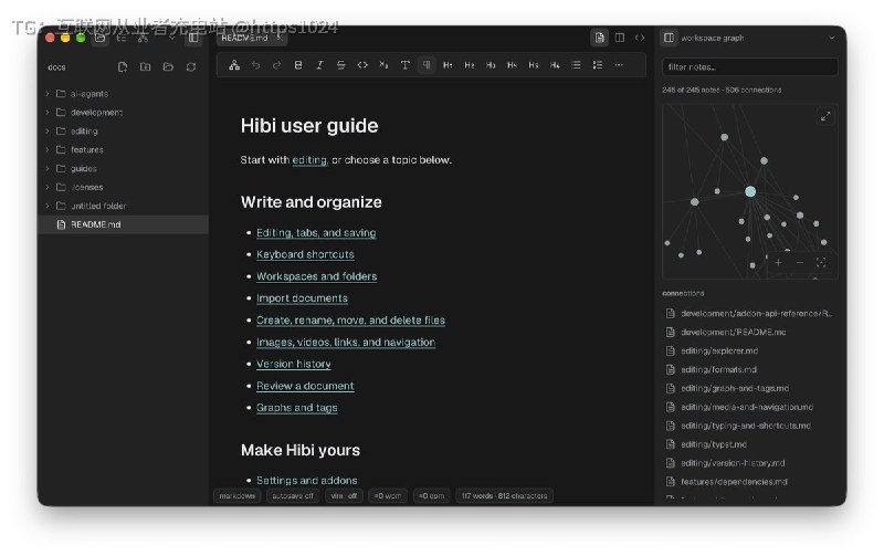Markdown 编辑器这条赛道挤得没边，hibi 拿得出手的差异点是 Typst 出 PDF 和 addon，安装包 176 MB有点大～给本地笔记和文档提供一个桌面编辑器，Markdown 和源码两种视图可并排对照，单个文件或整个文件夹都能当 workspace，写完可以导出 HTML 或用 Typst 出 PDF