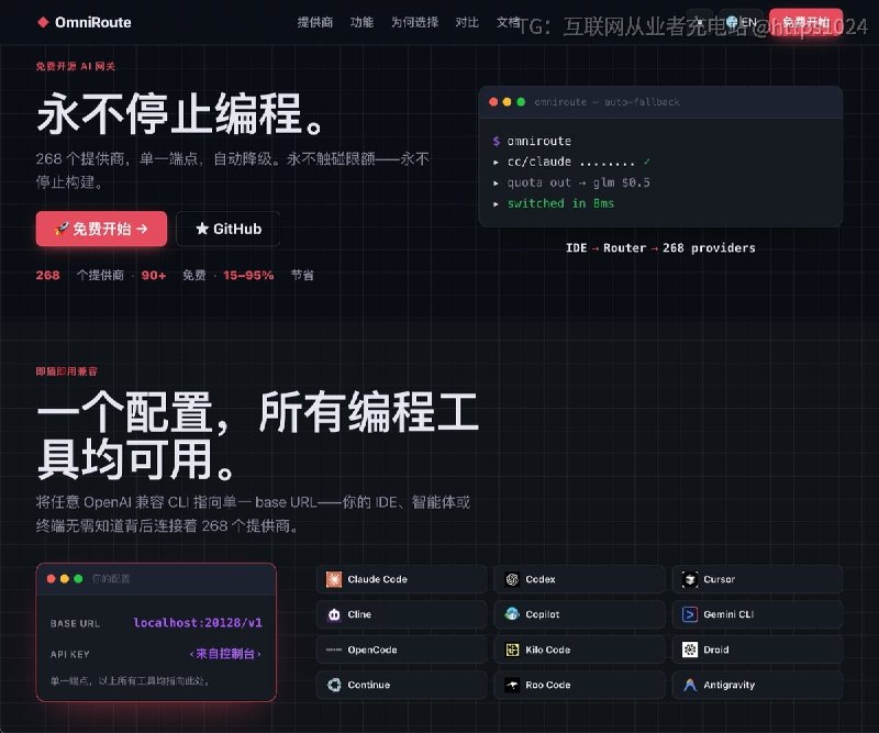AI 编程长任务跑到一半，额度没了、接口报 429，还得临时换 Key？OmniRoute 用一个本地接口统一管理 278+ 供应商、500+ 模型，当前通道受限时，可按策略尝试切换备用通道，减少 Agent 因限流中途断掉的情况
