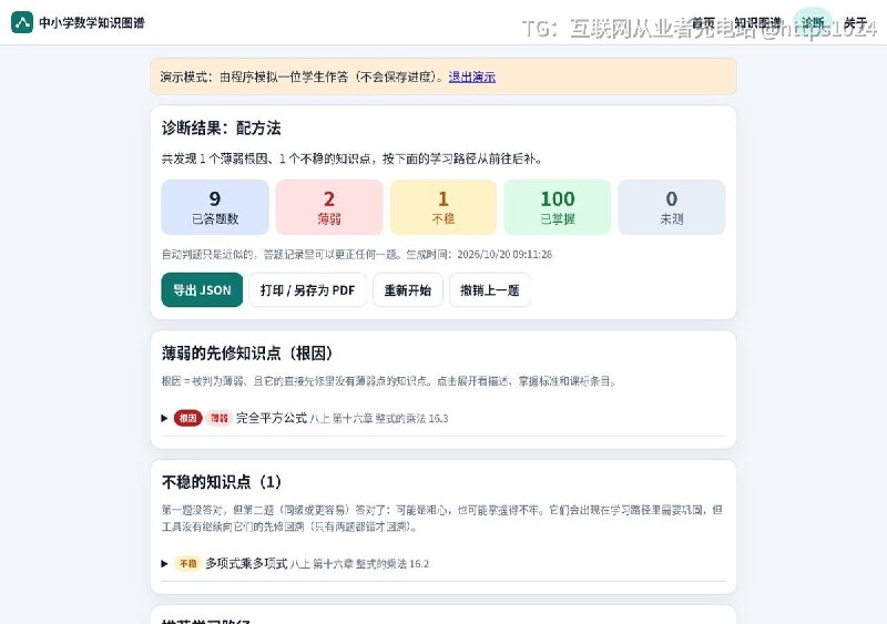 把初中数学（人教版七–九）拆成 333 个知识点和 616 条先修边，答错时沿先修边回溯找根因，并给出拓扑序学习路径