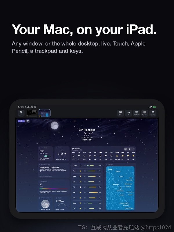 把 Mac 上的单个窗口或整个桌面实时投到 iPhone/iPad，并在那边用触控、Apple Pencil、触控板和键盘反向操作，不经过任何中转服务器