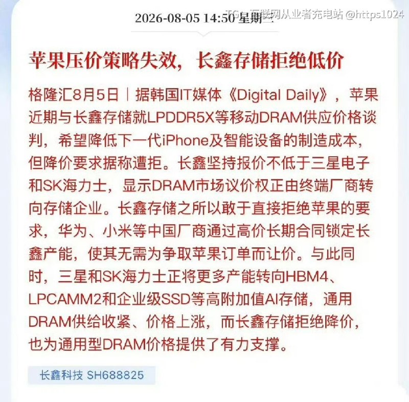 苹果还想和长鑫压价的 结果长鑫拒绝降价而且报价甚至高于三星等国际巨头今年的iPhone成本又要上来了？🤑@