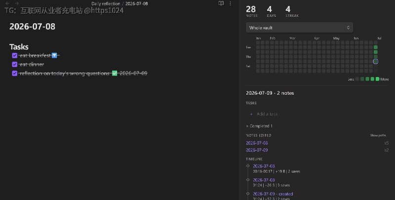 为 Obsidian 笔记库提供类似 GitHub 贡献图的写作热力图仪表盘，追踪每日写作活动并跨设备同步