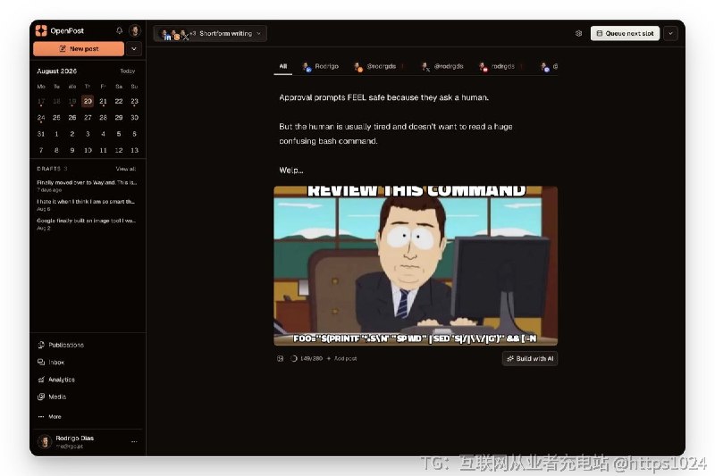一个开源的社媒内容一站式工具，替代 Buffer、Canva 与 CapCut，把写帖子、做图与轮播、剪视频和定时发布放在同一个应用里，并支持自托管
