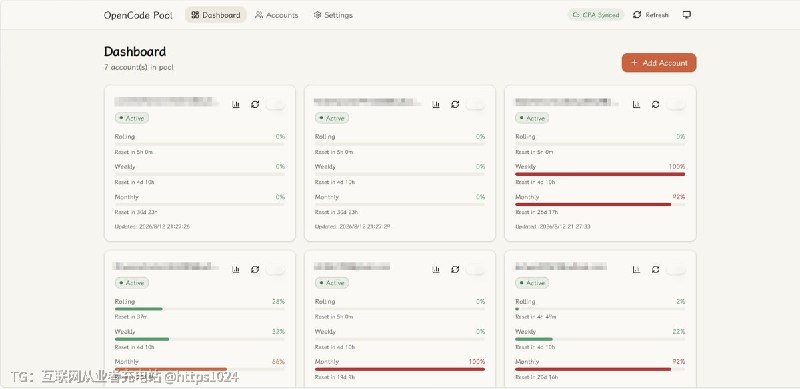 管理多个 opencode账号的配额与用量，并把有效账号的 API Key 自动同步到 CLIProxyAPI，实现多账号负载均衡