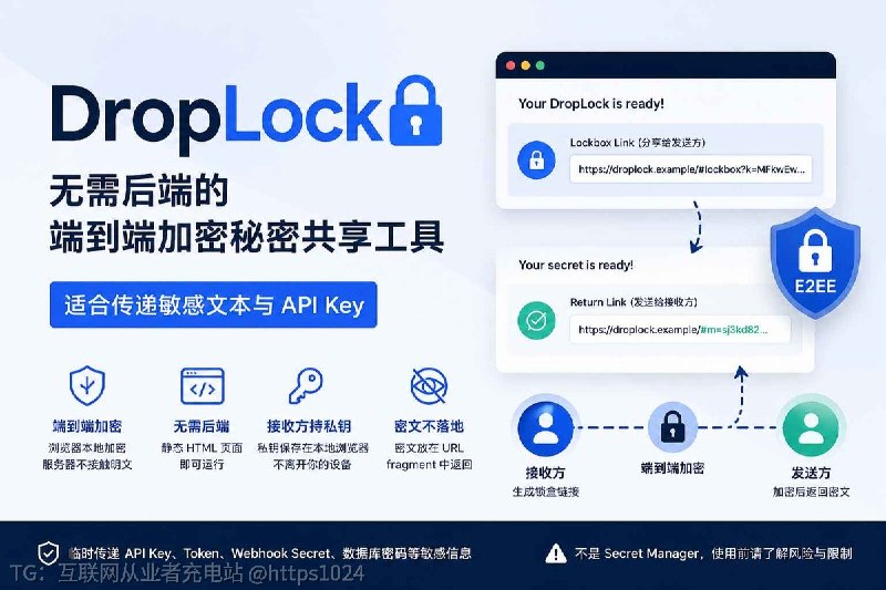 发 API Key、Token 还在聊天软件里直接复制粘贴？🥲试试这个 DropLock ，一个无需后端的端到端加密秘密共享工具接收方先在浏览器本地生成“锁盒”，发送方只拿公钥加密内容