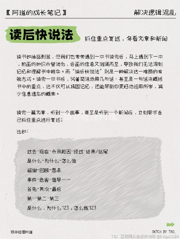 4个方法➡️从根本上解决逻辑混乱 ❓你是否常感到深陷琳琅满目的信息海洋，却不知如何理清思绪？❓你是否常感到每天忙碌却毫无头绪，不知道从何处下手？❓你是否经常为了一件小事而被困扰，却无法找到解决的线索？👉别担心，今天就来谈谈几种实用的方法，助你解决逻辑混乱，让生活变得更加清晰有序！💭1️⃣复述训练法又称为费曼技巧，是一种通过将所学内容用简单的语言复述给他人来加深理解的方法