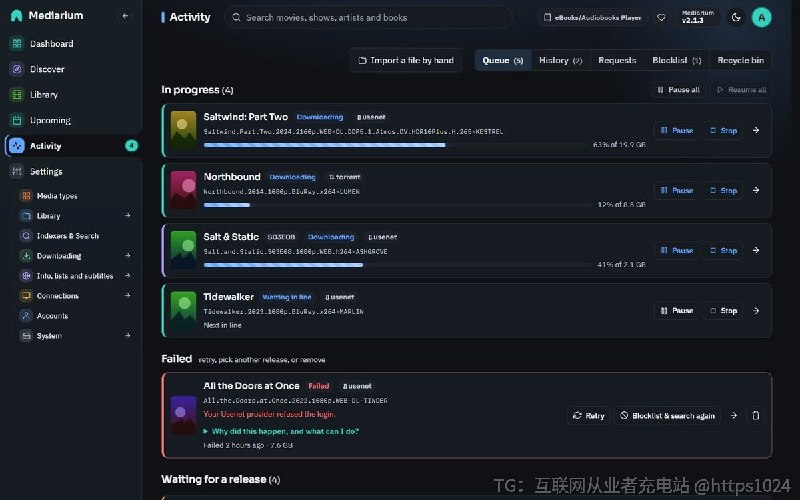 把 Radarr、Sonarr、Prowlarr、SABnzbd、qBittorrent、Bazarr 六件套的活收进一个 Docker 容器，从搜索、下载、解包、改名到入库全在同一个网页里完成