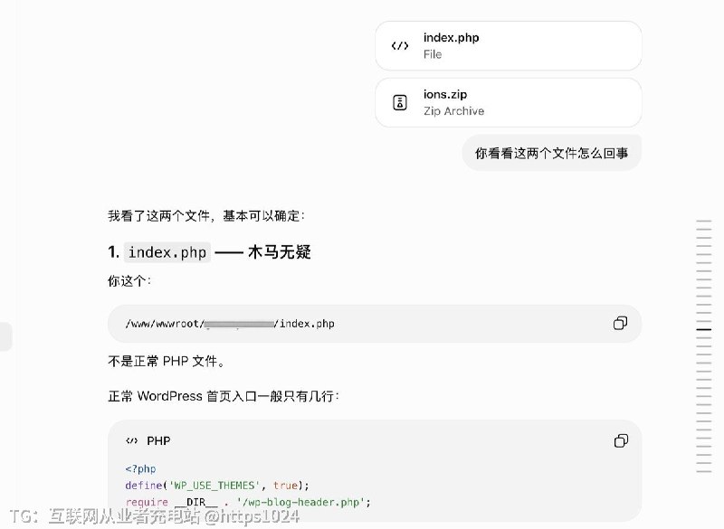 普通用户借助AI把网站的病毒木马找出来并且修复网站了 上线 😂普通人也不能没有AI@